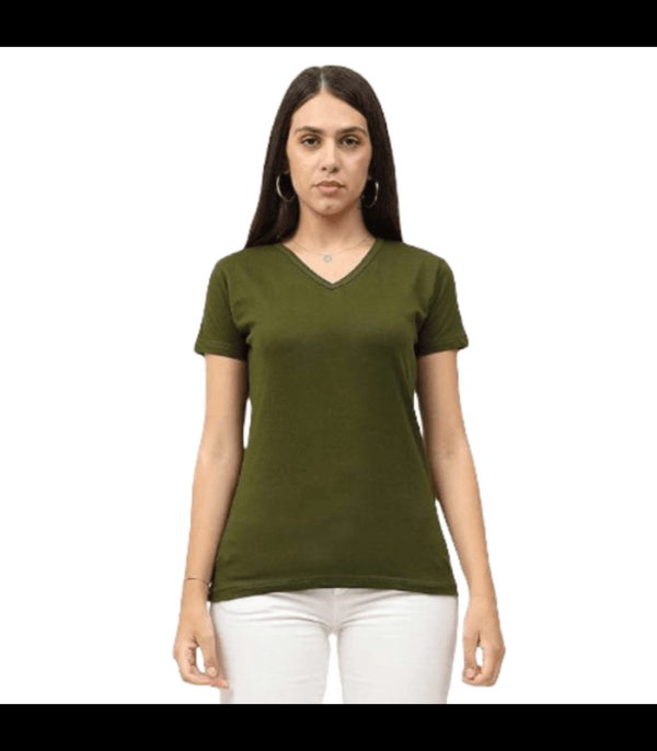Womens-Cotton-OLIVE-Plain-V-Neck-Half-Sleeve-T-Shirt