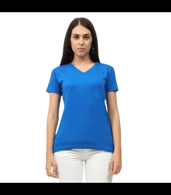 Womens-Cotton-BLUE-Plain-V-Neck-Half-Sleeve-T-Shirt