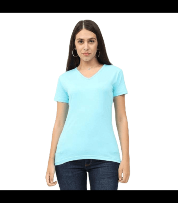 Womens-Cotton-SKY BLUE-Plain-V-Neck-Half-Sleeve-T-Shirt