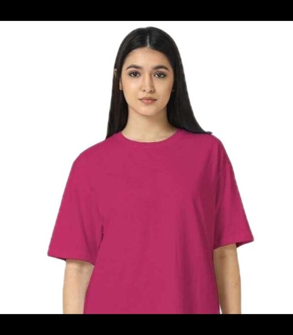 Madfrog-Women-Deep Pink-Plain-Round-Neck-Cotton-Blend-Drop-Shoulder-Oversized-T-Shirt
