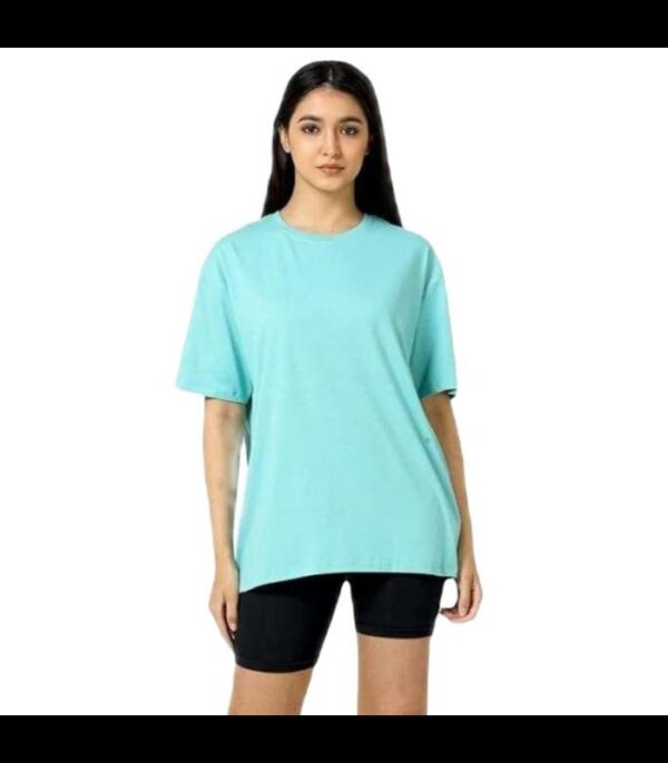 madfrog-Women-Sky Blue-Plain-Round-Neck-Cotton-Blend-Drop-Shoulder-Oversized-T-Shirt